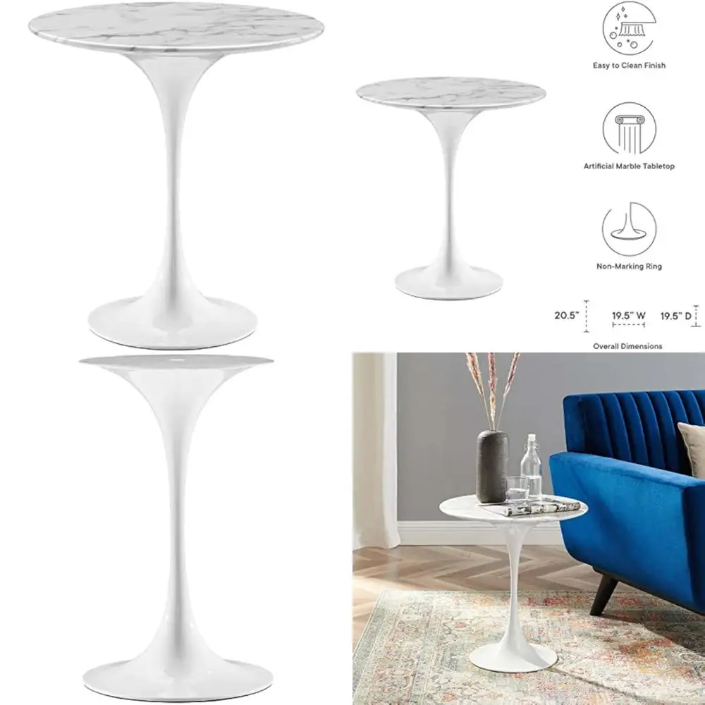 طاولة جانبية رخامية مستديرة بلمسة نهائية بيضاء #1