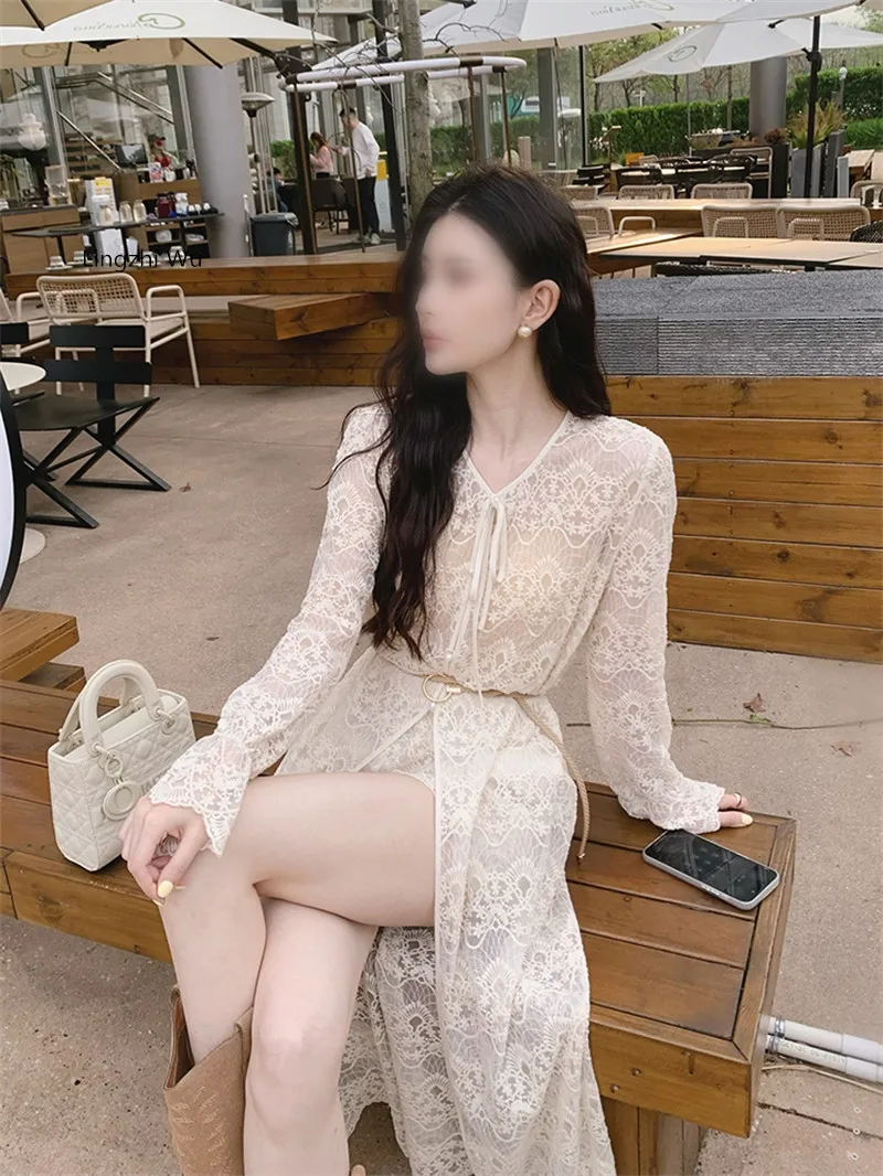 Lingzhi Wu French Elegant Handmade Lace Top+Shorts Suit Two Piece Ladies Holiday Sunscreen Cardigan Dress Shorts Twinset Beige