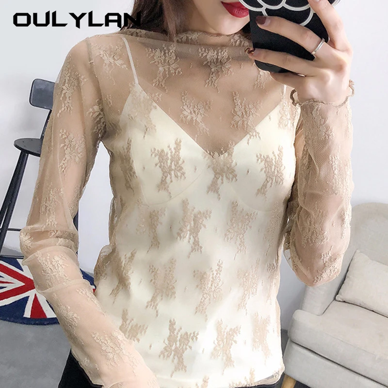 Floral Pattern Tops Floral Embroidered Lace Sheer Mesh Women Tops for Clubwear Sexy Crew Neck Long Sleeve See-through Shirt