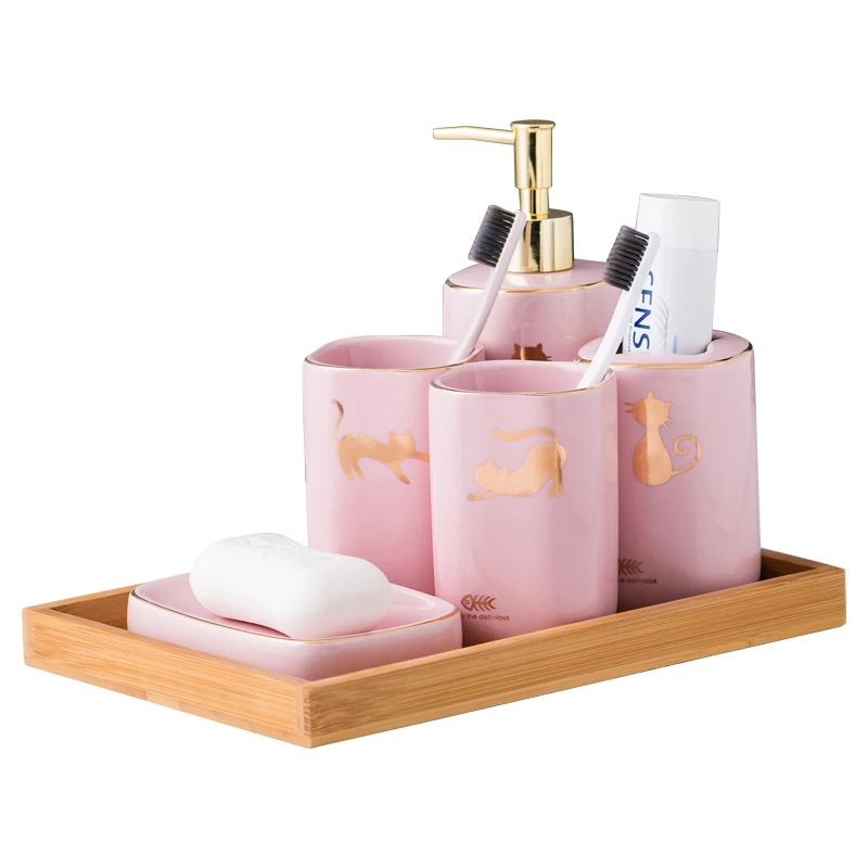 Pink Ceramic Bathroom Set Accessories Lotion Bottle Emulsion Mouthwash Cup Soap Dish Wooden Pallet Wash