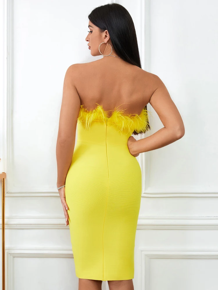 Sexy kwaliteit gele vrouwen veren bandagejurk zomer 2025, luxe vintage strapless backless bodycon avondjurken