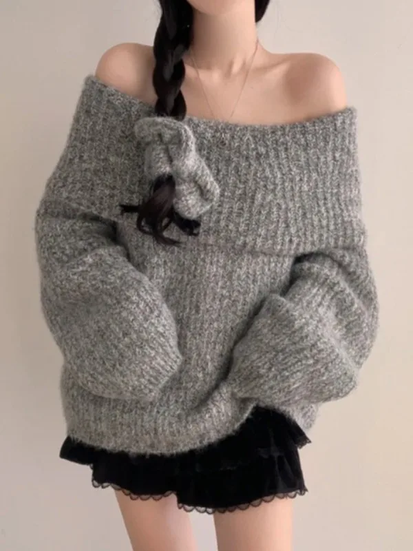 

Korean Sle Lazy One oulder Knitted Sweater Women Winter Warm Loose Slim Long Sve Pure Desire Top Commute Faion