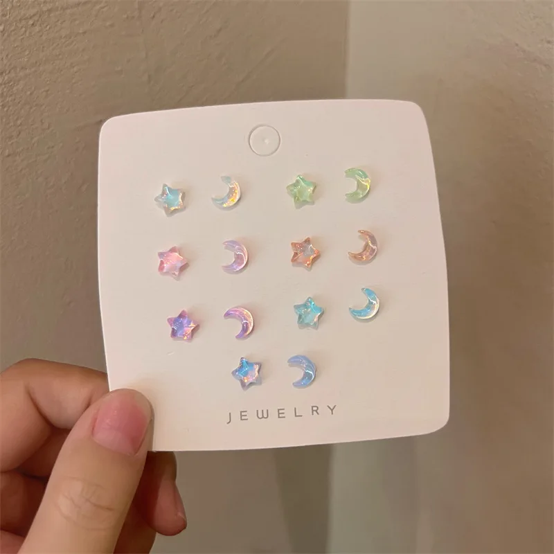 

Fresh Aurora Starry Moon Earrings Set Ear Bone Nail for Girls Simple Sweet Cute Mini Forest Style Transparent Colorful Jewelry
