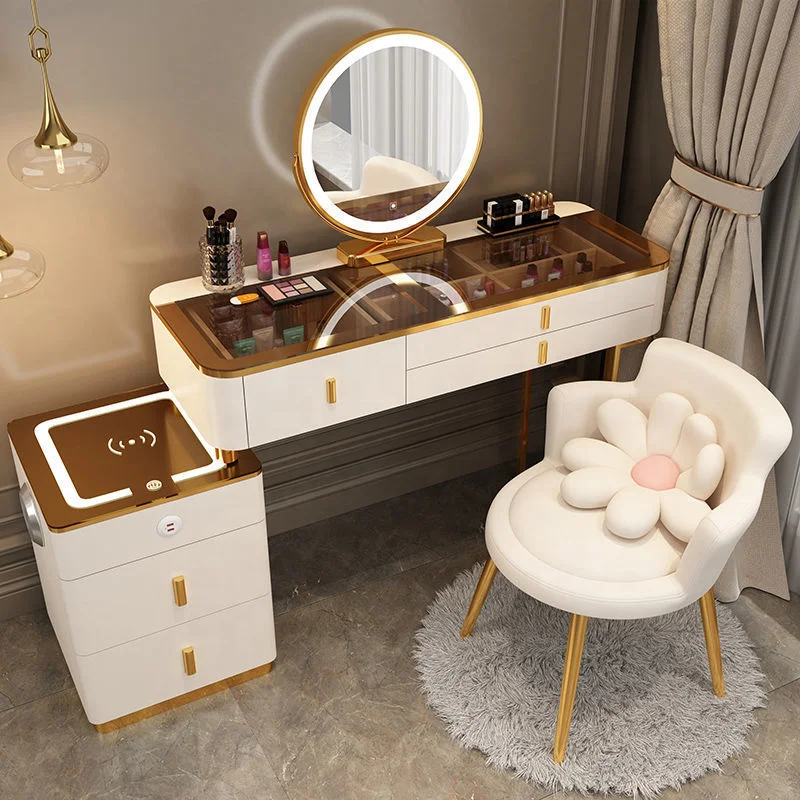 Modern Minimalist Multi-functional Solid Wood Smart Dressing Table With LED Mirror MDF Bedroom Makeup Vanity Table