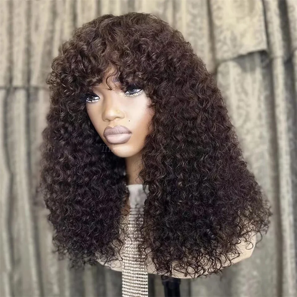 Parrucca nera riccia crespa lunga morbida senza colla 180 densità 26 "con frangia per donne nere BabyHair prepizzicata