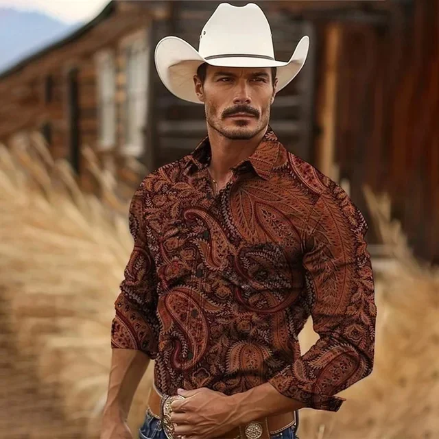 Men's Retro American Country 3D Printed Long-sleeved Shirt for Spring and Autumn Outing Parties High-quality Printed Lapel Shirt