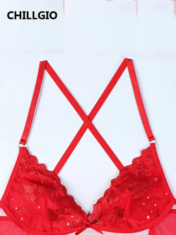 CHILLGIO femmes rouge bretelles Spaghetti robe maille Porno robes courtes pyjamas transparents Lingeries Sexy string chaud femme vêtements