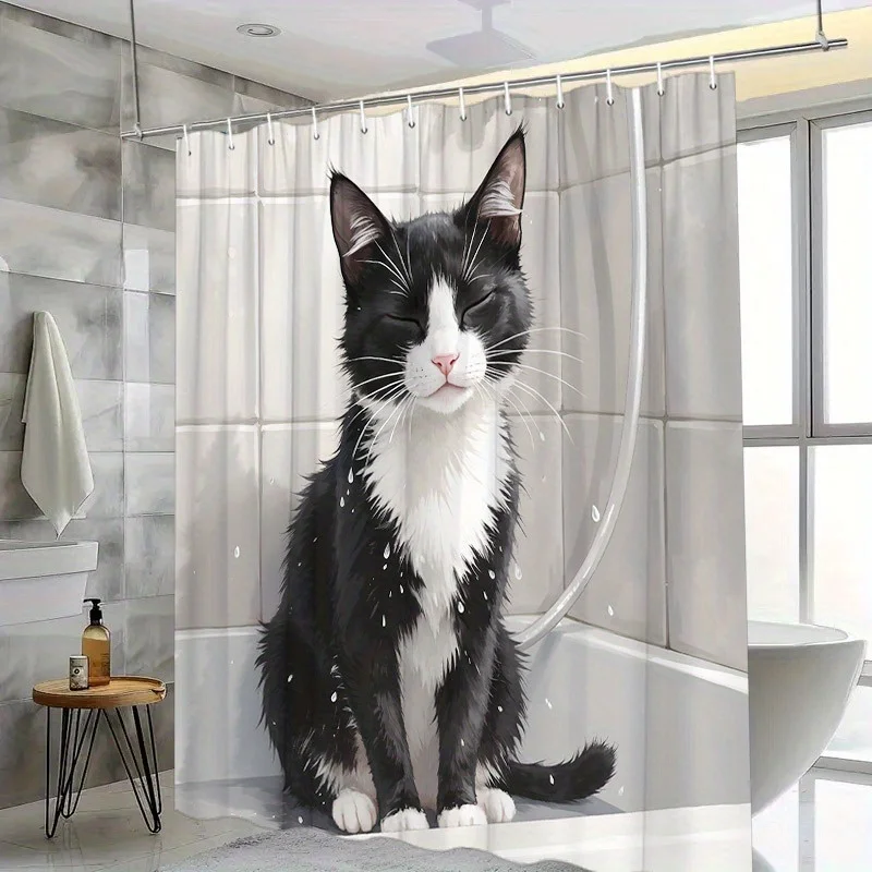

1 шт. Химерная черно-белая занавеска для душа с изображением кота — капли воды, монохромный стиль, прочный полиэстер, 12 крючков, легкий уход