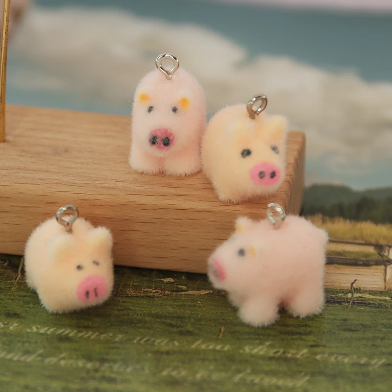 30Pcs 3D Cute Flocked Pig Charms Cartoon Animal Pig Pendant Earrings Keychains Necklace Accessories for DIY Crafts Jewelry Make