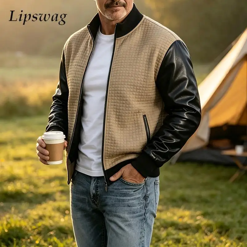 Daily Casual Slim Fit Waffle PU Jacket Fashionable Contrast Color Stand Collar Long Sleeve Outerwear 2026 Autumn Wear For Men