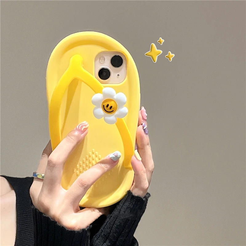 Korea Cute Funny Flower Slippers Soft Phone Case For iPhone 14 13 Mini 12 11 15Pro XR XS MAX 6 7 8Plus Silicone Protective Cover