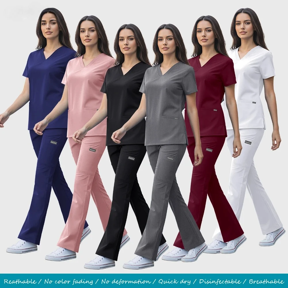 slim-fit-women-scrubs-sets-medical-uniforms-scrub-tops-pant-nurses-accessories-dental-clinic-beauty-salon-spa-lab-workwear-suits