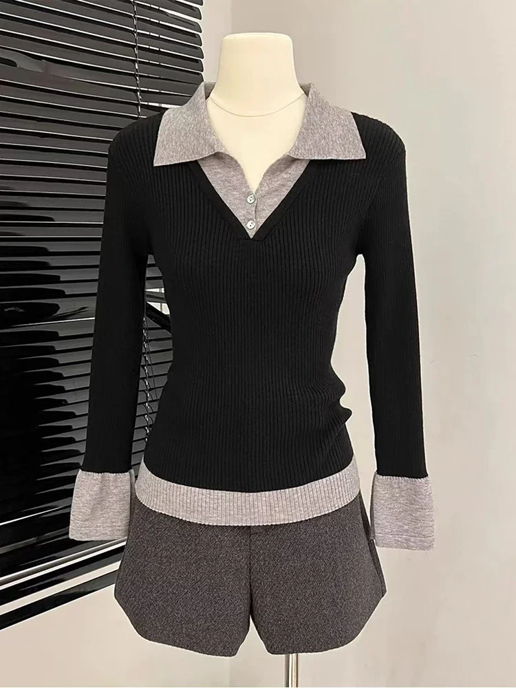 

Vintage Patchwork Knitted Pullover Spring Streetwear Long Sleeve Slim Female Sweater Korean Chic Preppy Lapel Casual JumperZT710