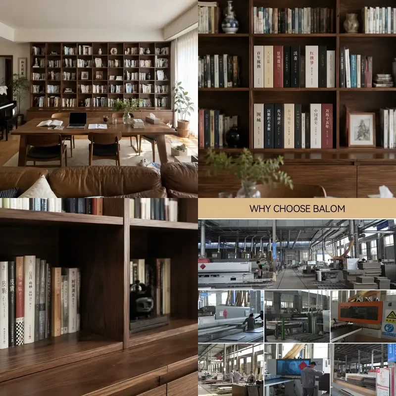 Modern Walnut Library Bookcase Floor to Ceiling Open Shelf Wall Unit Large Capacity Dark Wood Storage Cabinet for Study Room