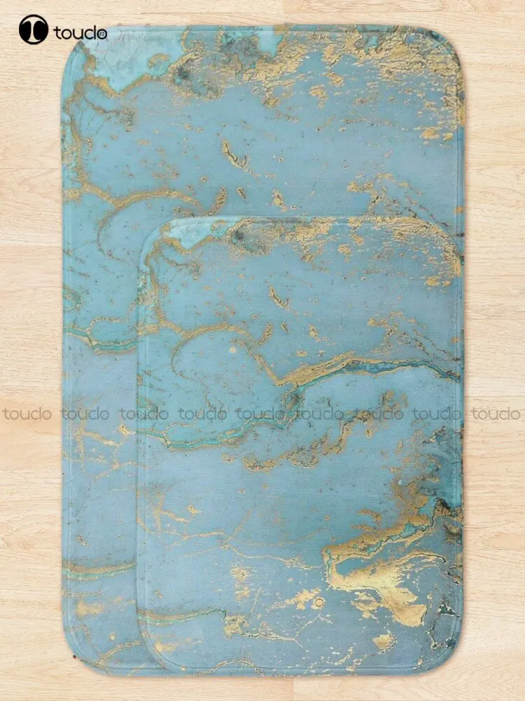 Marble Design - Gold Effect - Turquoise Blue, Teal Marbling Bath Mat Poster Bath Rugs