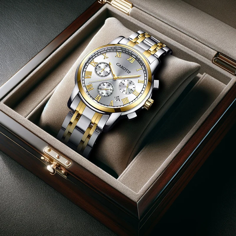 

Мужские серебристо-золотые классические легкие роскошные модные кварцевые часы с тремя субциферблатами и ремешком из нержавеющей стали.