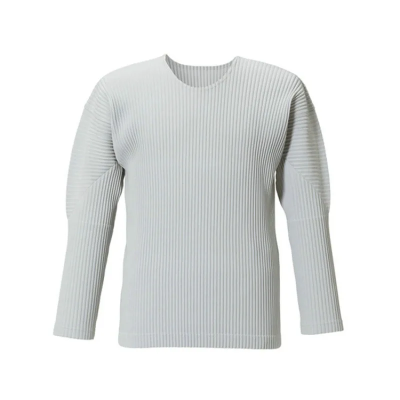 ISSEY Classic Wrinkle Pattern Long-Sleeved T-Shirt Loose Shoulder Round Neck Casual Base Layer Shirt for Men Trendy