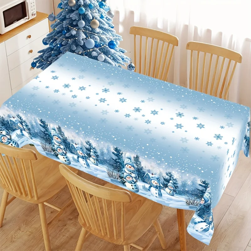 1pc Blue Christmas Plastic Tablecover 51.18X86.61inch Winter Wonderland Snowman Snowflakes Xmas Tablecloth for Indoor/Outdoor Ch