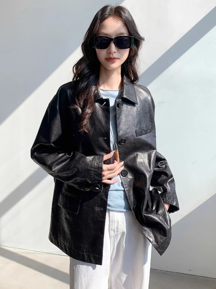 Casual Genuine Leather Blazer Jackets for Women Spring Autumn 2025 New High-end Simple Soft Black Oil Wax Real Sheepskin Coat