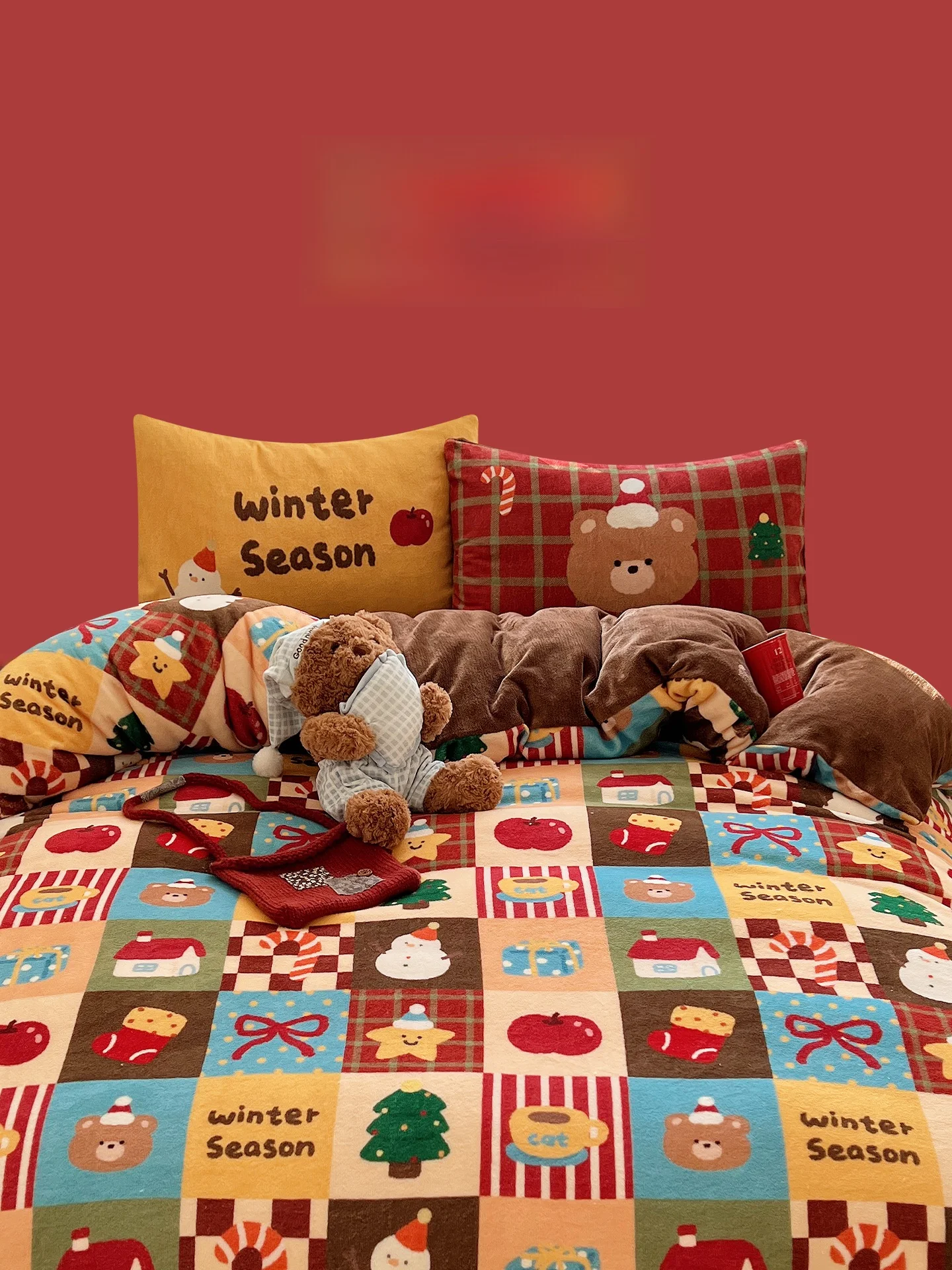 

Zoeo High Grammage Milk Velvet Christmas Retro Style Four-Piece Bedding Set Quilt Cover Sheet Bed Skirt Bedding Accessories