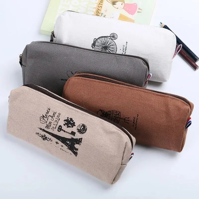 Sac à crayons en lin rétro, 1/2 pièces, rangement de papeterie de Style Paris, fournitures scolaires et de bureau