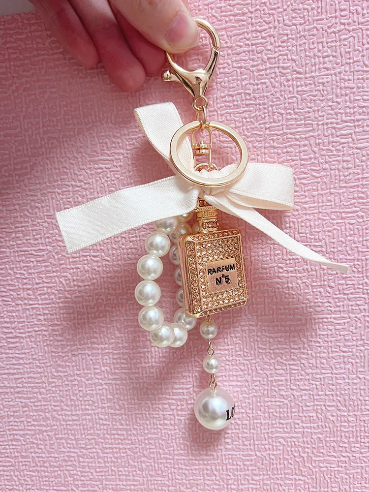 Fashion Perfume Bottle Keychain Pearl Chain Double Buckle Keychain Decorative Item Hanging On Schoolbag Gift For Friends