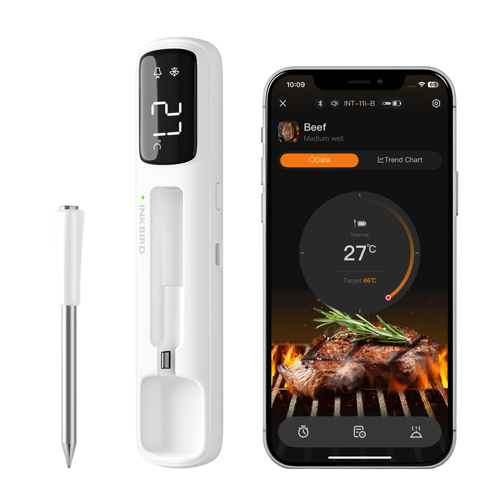 

INKBIRD INT-11I-B Bluetooth Mini Meat Thermometer Ultra Long Connection Food Thermometer with White LED Display for BBQ,Oven