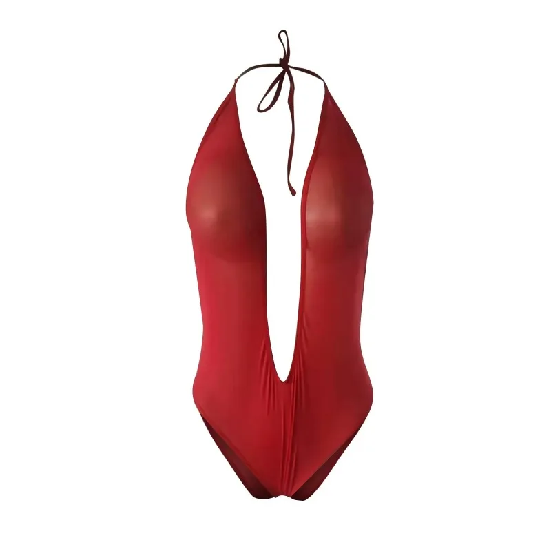 Sexy See Through Mesh Bikini Bodysuit Women Lingerie Deep V Neck Halter Backless Lace Up Swimwear Pool Party Simple Micro Bikini image 6