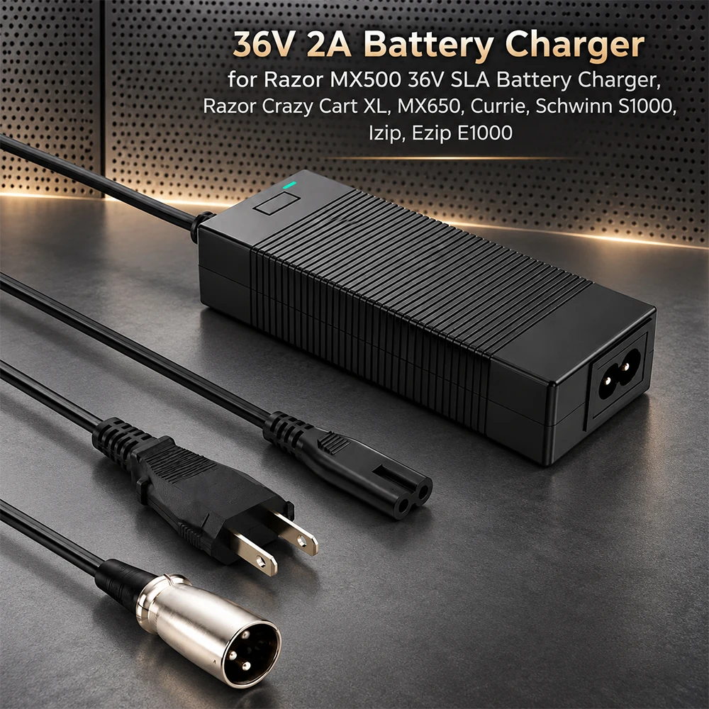 36V 2A SLA AGM GEL Battery Charger 44V Smart 3-Pin XLR for Razor MX500 MX650 SX500 Crazy Cart XL Schwinn S1000 IZIP Bike Charger
