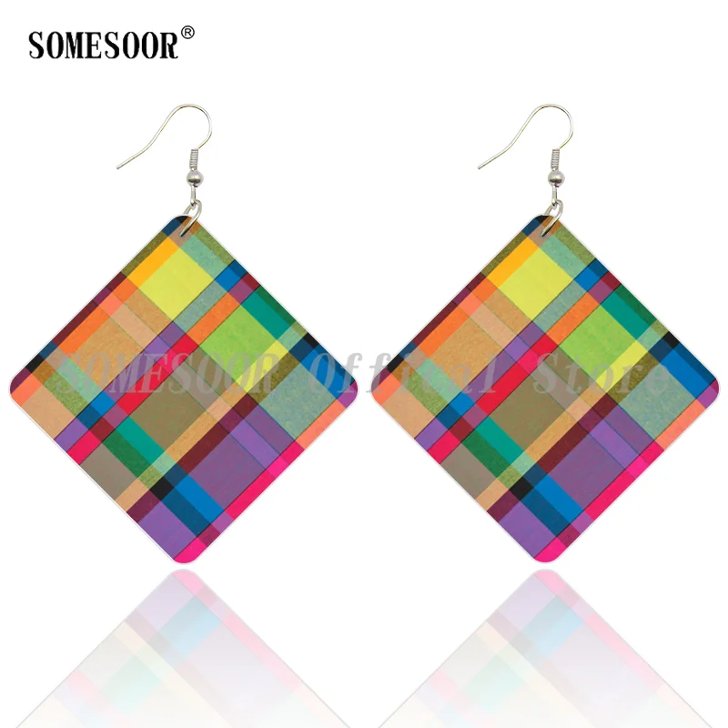 SOMESOOR Madras Plaid Fabric Print Wooden Drop Earrings Yellow Red Orange Patchwork African Ethnic Square Women Dangle Jewelry