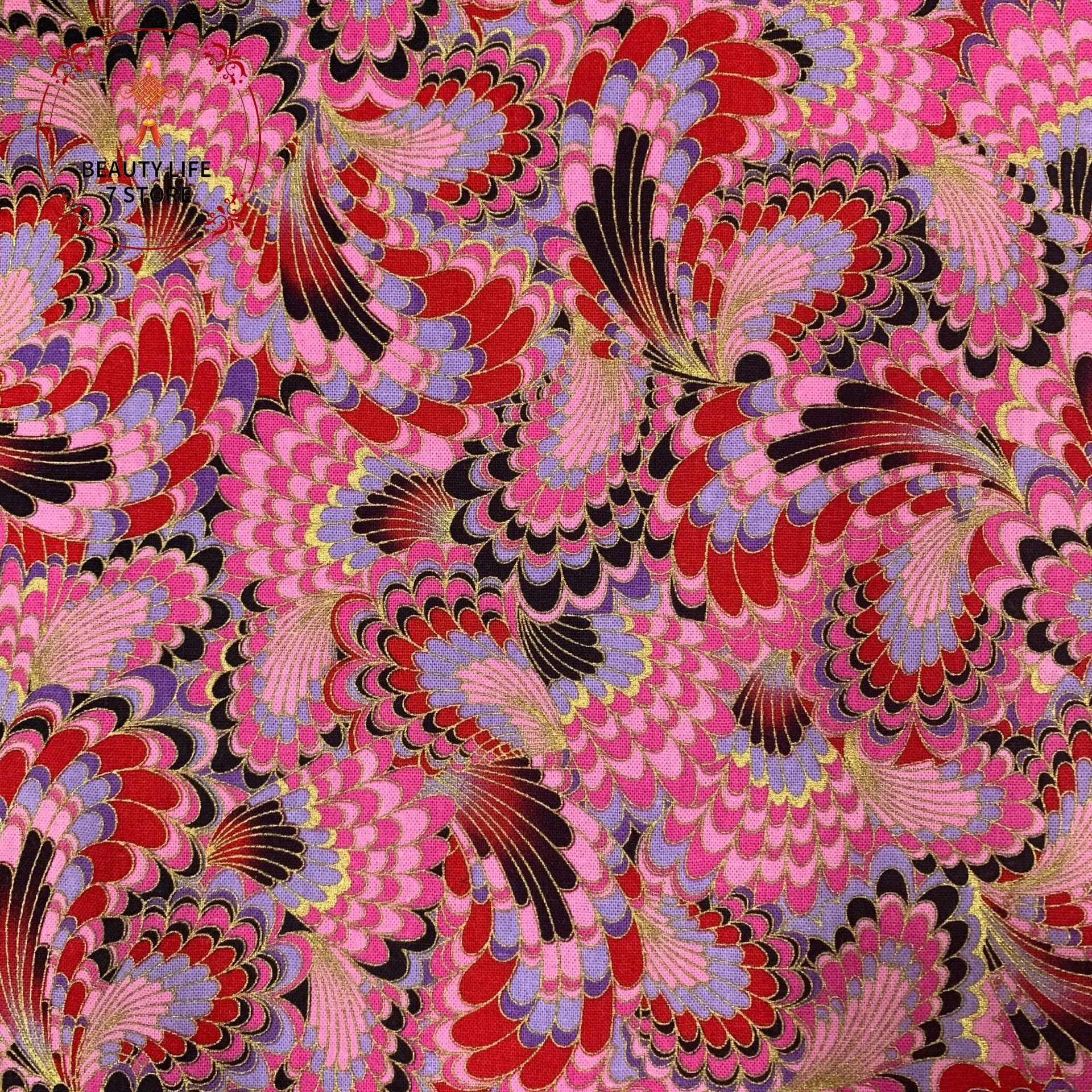 Japanese Style Bronzed Fabric 100% Cotton Printed Peacock Phoenix Tail Cloth For Sewing Kimono Bags Handmade DIY