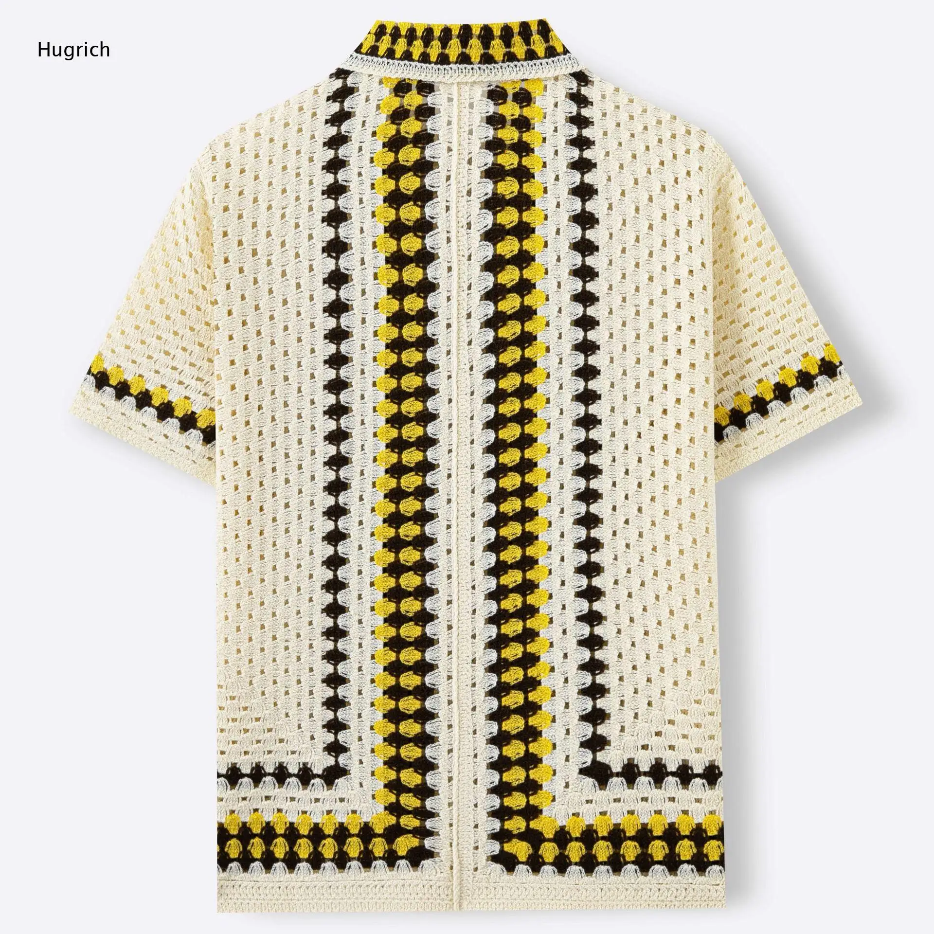 Men's Loose Fit Two Tone Border Mesh Knit Top - Hollow Out Cuban Collar Button Down Holiday Daily Summer Outfit