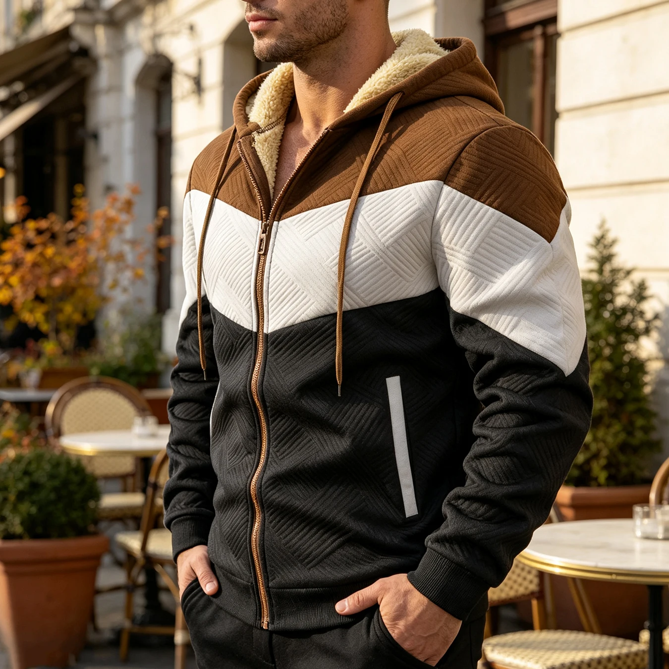 Autumn Winter Men Zip Up Hoodie Color Block Patchwork Hooded Jacket Warm Lined Drawstring Casual Outer Coat