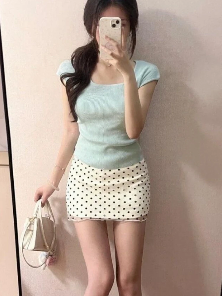 New Spring Summer French Sweet 2 Piece Sets Women Design Tops + Mesh Polka Dot  A-line Skirts Korean Fashion Retro Chic Outfits
