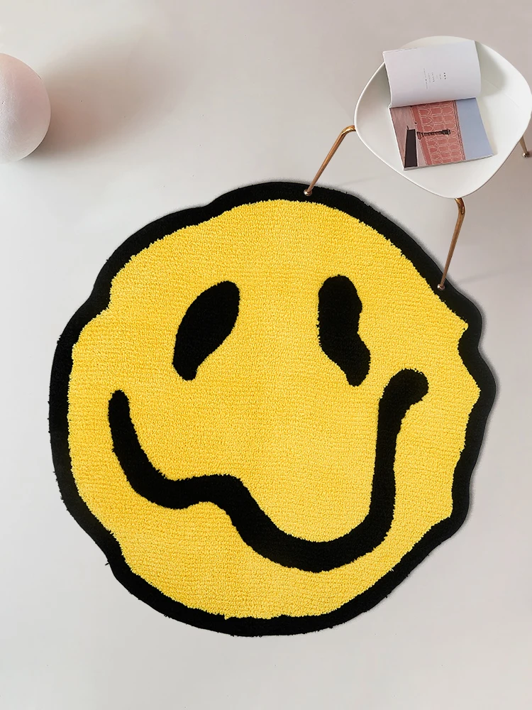 Funky Y2K Smiling Face Tufted Rug for Bedroom Living Room Round Colorful Yellow Smile Rug for Bathroom Fluffy Home Dorm Decor