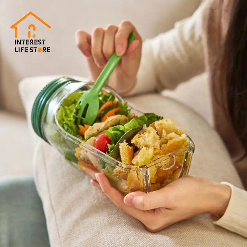 

Salad Jars with Lids Meal Prep Leakproof Container Small Built-in Boxes Wet/Dry Separation Breakfast Fruit Dressing Crisper Box