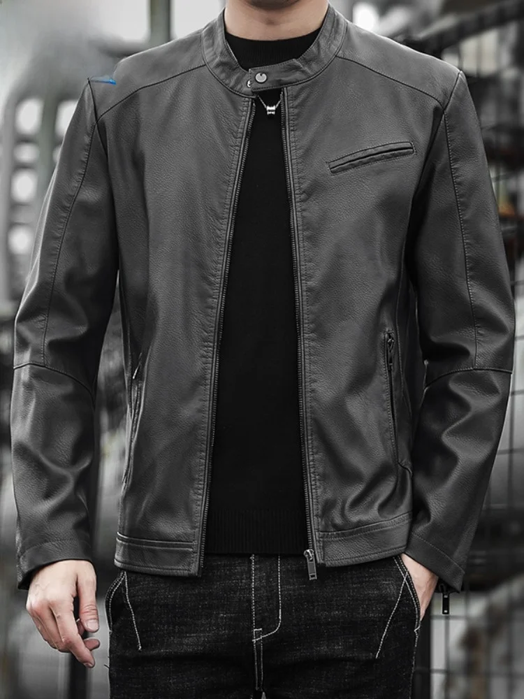 

Мужская модная повседневная куртка из искусственной кожи с воротником-стойкой, облегающая, весна-осень, с 3D-эффектом, из полиэфирного волокна