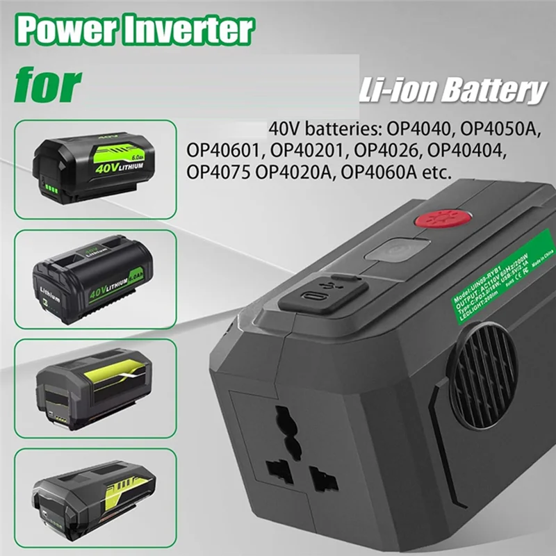 

LLCS-Ивертор мощности для батареи Ryobi 40 В, 200 Вт постоянного тока, 18 В переменного тока, 110 В переменного тока, с USB Portand Type-C, PD3.0, светодиодное освещение, вилка стандарта США