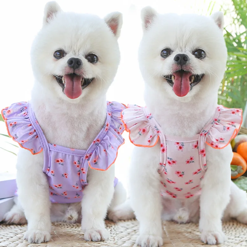 Dog Cat Flying Sleeve Fungus Curling Small Flowers Teddy Bichon Spring Summer Autumn Pet Clothes Supplies Summer Pet Clothes