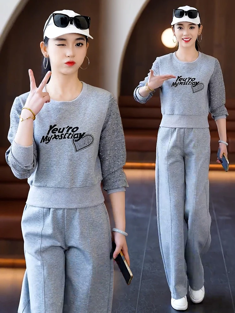 

Casual Faionable Women's Set 2026 Spring New Sle Small Size Anti-Aging Sweatirt Wide Leg Pants Running Suit Two-Piece Set