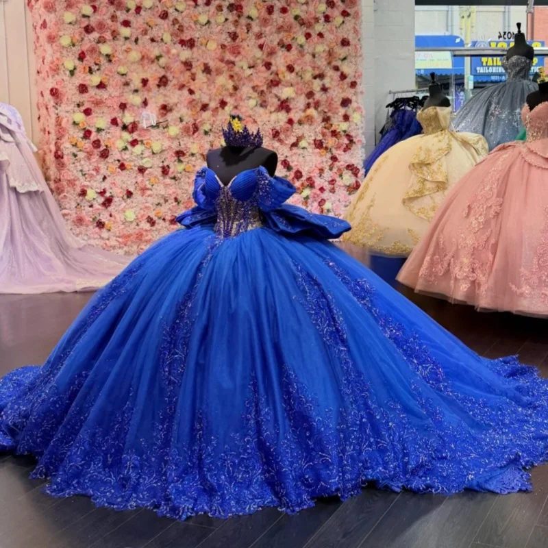 

Shiny royal blue Quinceanera Dress off-shoulder Crystal Glitter Decal Long tail Big Bow Vestidos De 15 Quinceanera ﻿Customize