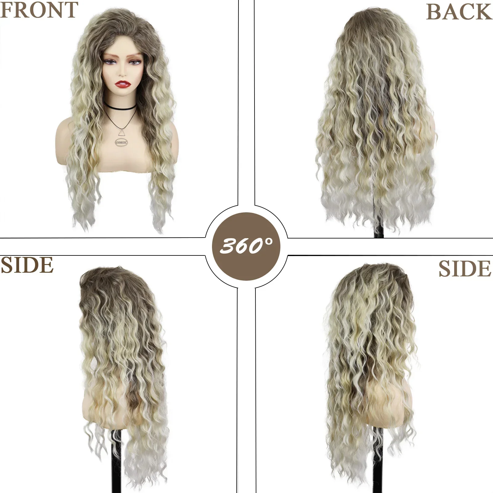 Synthetic Womens Wig Long Hair Ash Blonde Curly Wigs Female Natural Wavy Drag Queen Regular Wig 80s Brown Ombre Wigs for Girls