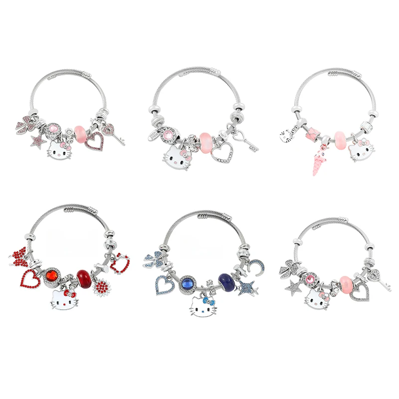 Fashion Trendy Girl Y2K Sanrio Hello Kitty Bracelet Bangles KT Cat Crystal Beads Hand Chains For Women Wedding Jewerly image 2