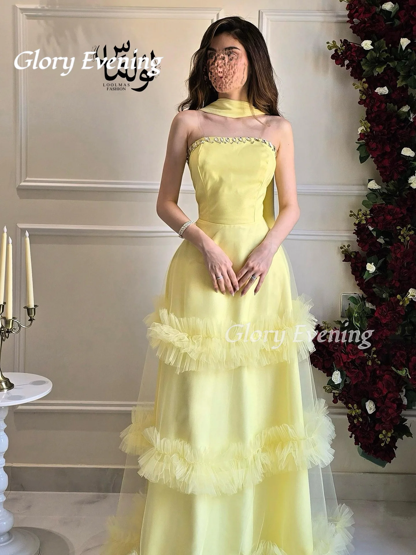 

Yellow Tulle Evening Dresses Floor Length Elegant Strapless Prom Dresses Beadings Saudi Arabia Women Party Dresses Customized
