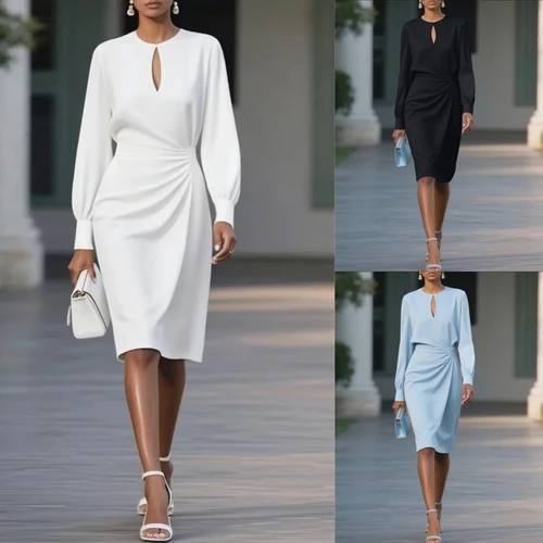 Vestido elegante de mujer con cuello redondo, vestido de oficina de manga larga calado, vestidos largos de fiesta ajustados de corte a para mujer