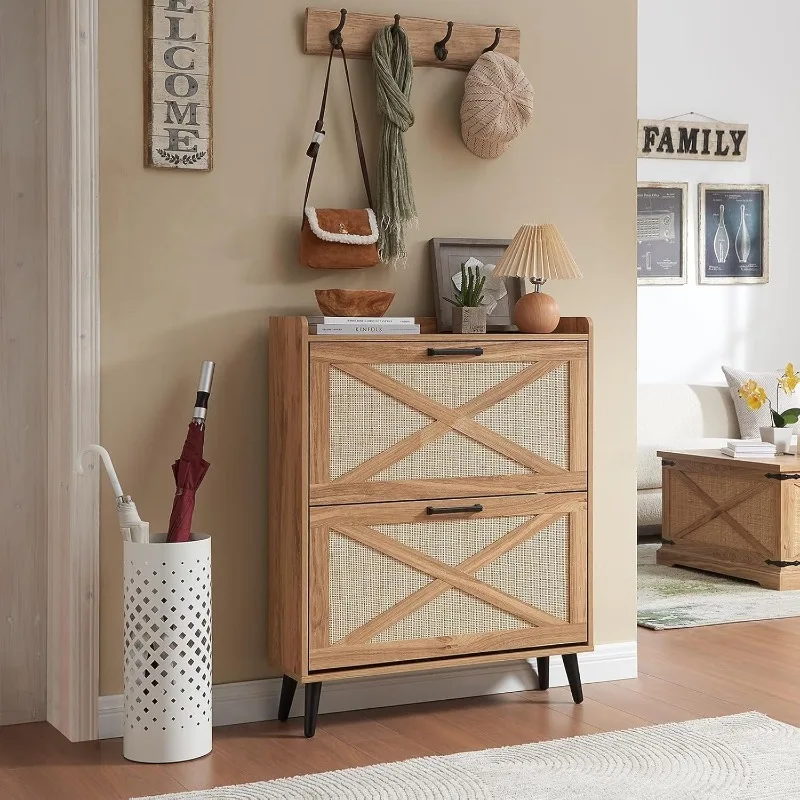 Shoe Storage Cabinet,Farmhouse Shoe Organizer with 3 Flip Drawers & Barn Door Design,Freestanding Hidden Slim Narrow