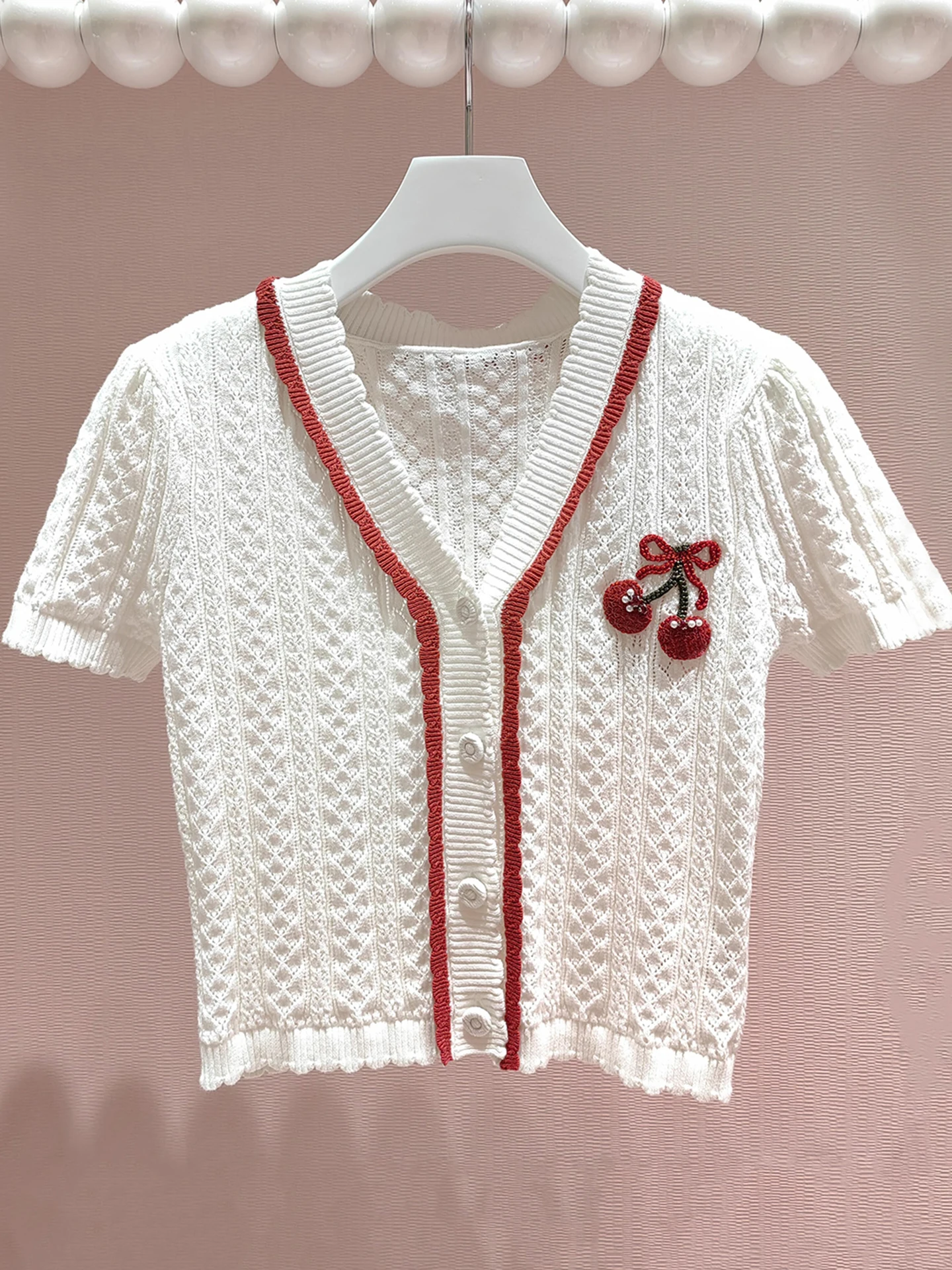 Luxury Summer Cherry Shiny Sequin Embroidery Knitted Open Cardigan Top Women's Fashion Commute Style Loose Fit Short Sleeve V...