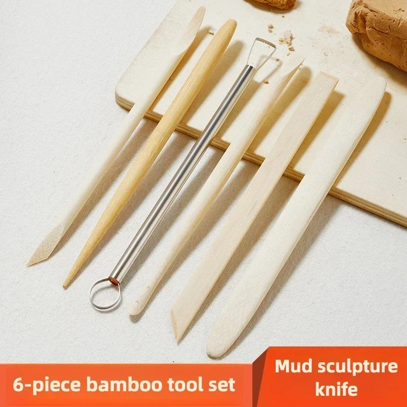6-Piece Pottery Tools Bamboo Clay Sculpture Set Clay Sculpture Fine Carving Figure Pottery Clay Knife Art Supplies