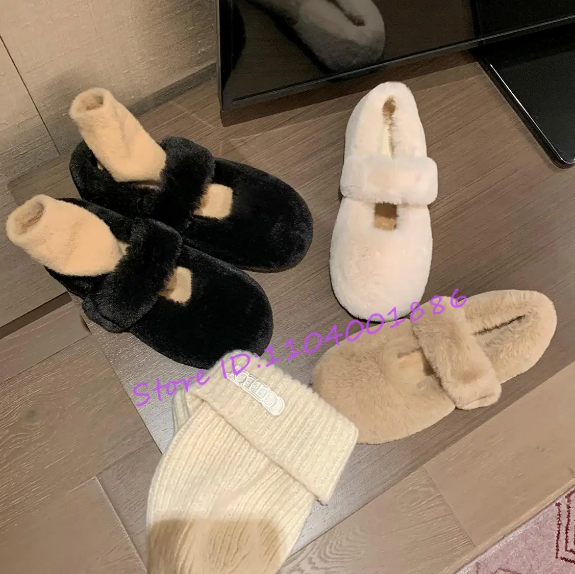 

Winter Warm Plush Mary Jane Shoes Faux Fur Slip-On Ballerina Flats Round Toe Solid Loafers Comfortable Slippers Large Size