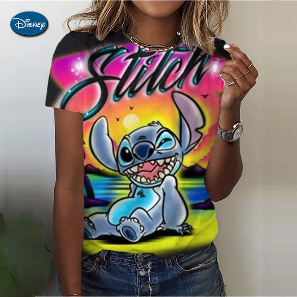 2024 Summer Women T Shirts O-neck Disney Stitch Mouse Short Sleeve Tops Club Bar Sexy Top Fashion Streetwear Women T-shirt